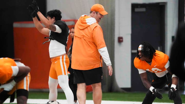 Tennessee head coach Josh Heupel walks on the field during a Tennessee football practice, Tuesday, Dec. 17, 2024.