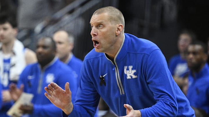 Nov 11, 2025; Louisville, Kentucky, USA;  Kentucky Wildcats head coach Mark Pope calls out instructions during the second half against the Louisville Cardinals at KFC Yum! Center. Louisville defeated Kentucky 96-88. Mandatory Credit: Jamie Rhodes-Imagn Images