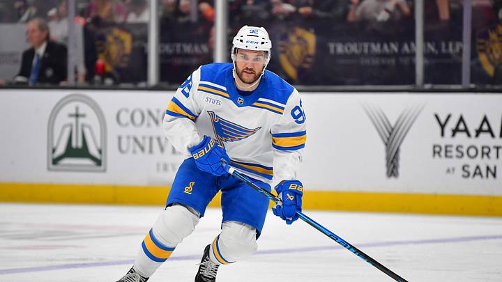 Apr 3, 2026; Anaheim, California, USA; St. Louis Blues left wing Jonathan Drouin (92) controls the puck against the Anaheim Ducks during the third period at Honda Center. Mandatory Credit: Gary A. Vasquez-Imagn Images Apr 3, 2026; Anaheim, California, USA; St. Louis Blues left wing Jonathan Drouin (92) controls the puck against the Anaheim Ducks during the third period at Honda Center. Mandatory Credit: Gary A. Vasquez-Imagn Images