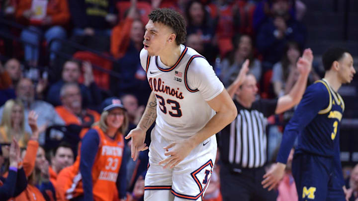 Feb 13, 2024; Champaign, Illinois, USA; Illinois Fighting Illini forward Coleman Hawkins (33) reacts