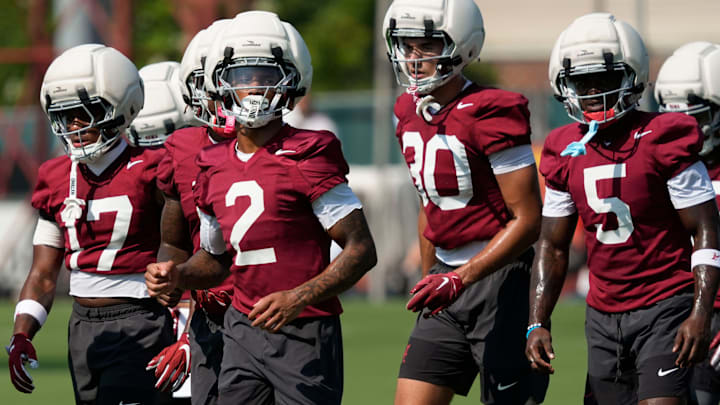 July 31, 2025; Tuscaloosa, AL, USA; Wide receiver Ryan Williams leads a group of receivers to a drill during the second practice session of the preseason for the Alabama Crimson Tide.