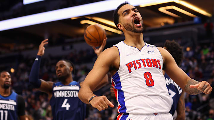 Feb 6, 2022; Minneapolis, Minnesota, USA; Detroit Pistons forward Trey Lyles (8) reacts after a play during the second quarter against the Minnesota Timberwolves at Target Center. Mandatory Credit: Harrison Barden-Imagn Images