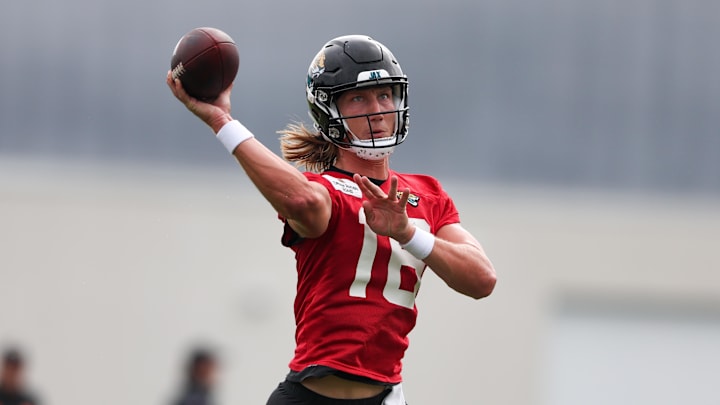 Jul 28, 2023; Jacksonville, FL, USA;  Jacksonville Jaguars quarterback Trevor Lawrence (16) participates in training camp at Miller Electric Performance Center. Mandatory Credit: Nathan Ray Seebeck-USA TODAY Sports