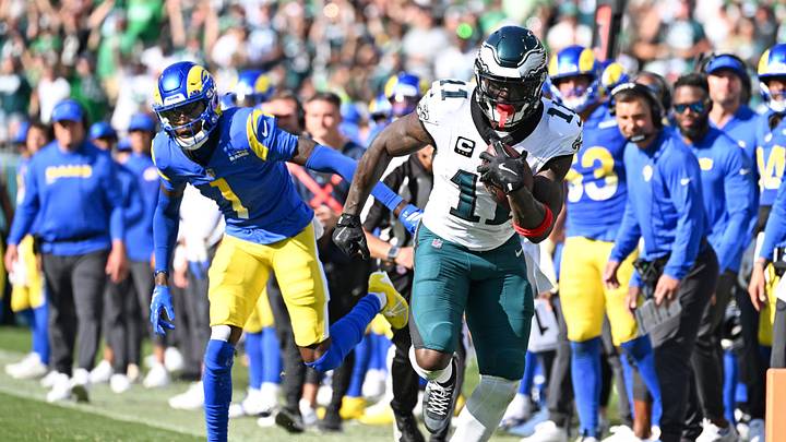 Sep 21, 2025; Philadelphia, Pennsylvania, USA; Philadelphia Eagles wide receiver AJ. Brown (11) breaks away from Los Angeles Rams cornerback Emmanuel Forbes, Jr (1) during the fourth quarter at Lincoln Financial Field. Mandatory Credit: Eric Hartline-Imagn Images Sep 21, 2025; Philadelphia, Pennsylvania, USA; Philadelphia Eagles wide receiver AJ. Brown (11) breaks away from Los Angeles Rams cornerback Emmanuel Forbes, Jr (1) during the fourth quarter at Lincoln Financial Field. Mandatory Credit: Eric Hartline-Imagn Images