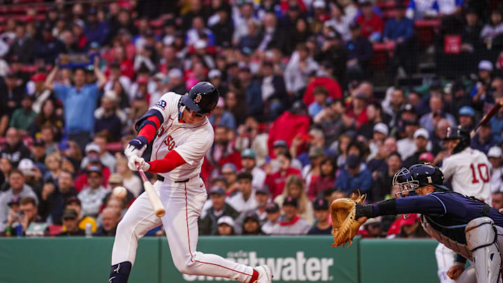 Jun 10, 2025; Boston, Massachusetts, USA; Boston Red Sox outfielder Roman Anthony (19) hits a double to drive in two runs against the Tampa Bay Rays in the first inning at Fenway Park. Mandatory Credit: David Butler II-Imagn Images Jun 10, 2025; Boston, Massachusetts, USA; Boston Red Sox outfielder Roman Anthony (19) hits a double to drive in two runs against the Tampa Bay Rays in the first inning at Fenway Park. Mandatory Credit: David Butler II-Imagn Images