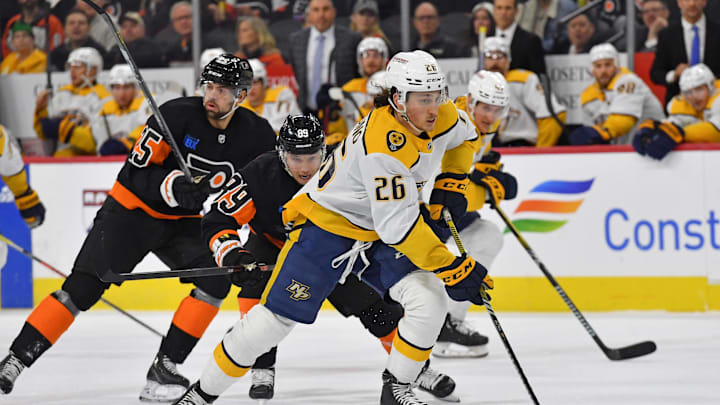 Dec 21, 2023; Philadelphia, Pennsylvania, USA; Nashville Predators center Philip Tomasino (26)