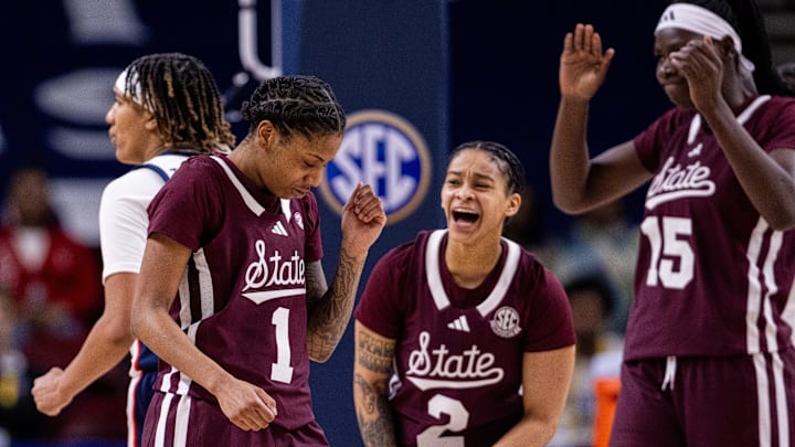 Mar 6, 2025; Greenville, SC, USA; Mississippi State Bulldogs guard Destiney McPhaul (1) celebrates after scoring against the Ole Miss Rebels during the second half at Bon Secours Wellness Arena. Mandatory Credit: Scott Kinser-Imagn Images