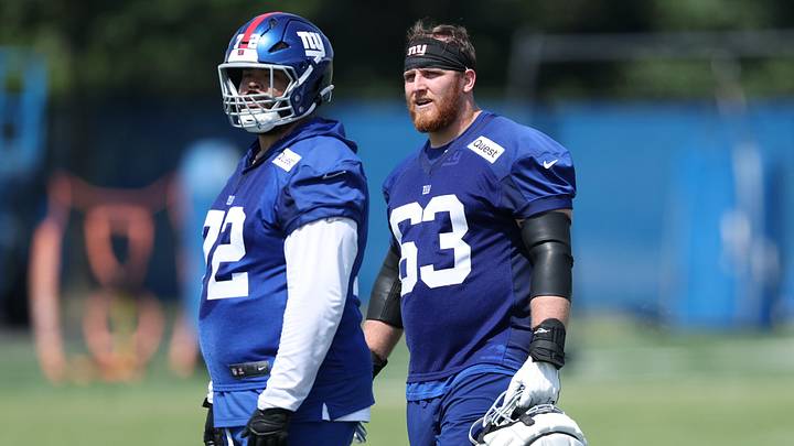 Jul 24, 2025; East Rutherford, NJ, USA; New York Giants guard Jermaine Eluemunor (72) and guard Jake Kubas (63) looks on during training camp at Quest Diagnostics Training Center. Mandatory Credit: Vincent Carchietta-Imagn Images Jul 24, 2025; East Rutherford, NJ, USA; New York Giants guard Jermaine Eluemunor (72) and guard Jake Kubas (63) looks on during training camp at Quest Diagnostics Training Center. Mandatory Credit: Vincent Carchietta-Imagn Images