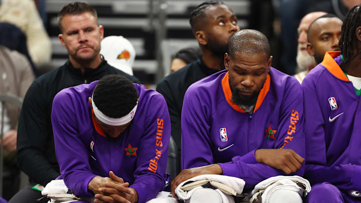 Phoenix Suns guard Bradley Beal and forward Kevin Durant react on the bench against the Indiana Pacers. Phoenix Suns guard Bradley Beal and forward Kevin Durant react on the bench against the Indiana Pacers.