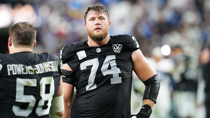 Jan 5, 2025; Paradise, Nevada, USA; Las Vegas Raiders offensive tackle Kolton Miller (74) reacts after the Raiders were defeated by the Los Angeles Chargers 34-20 at Allegiant Stadium. Mandatory Credit: Stephen R. Sylvanie-Imagn Images