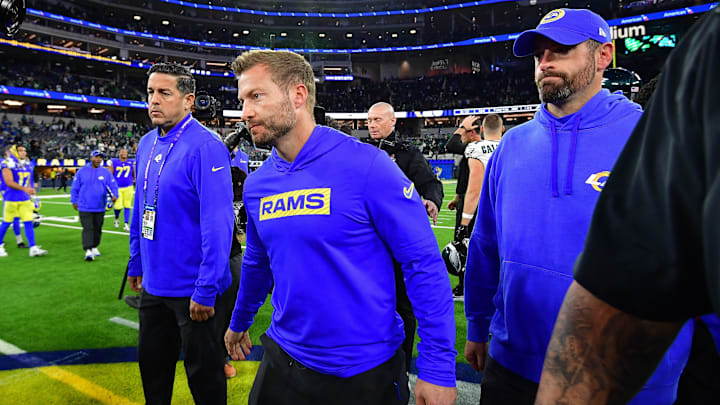 Nov 24, 2024; Inglewood, California, USA; Los Angeles Rams head coach Sean McVay following the loss against the Philadelphia Eagles at SoFi Stadium. Mandatory Credit: Gary A. Vasquez-Imagn Images