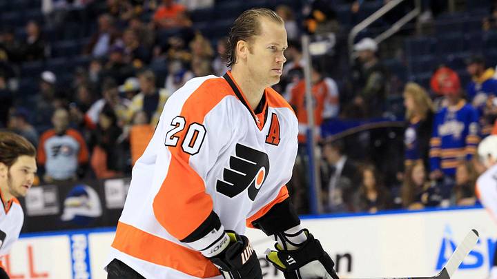 Apr 24, 2011; Buffalo, NY, USA; Philadelphia Flyers defenseman Chris Pronger (20) on the ice during warm-ups against the Buffalo Sabres in game six of the first round of the 2011 Stanley Cup playoffs at the HSBC Arena. Mandatory Credit: Kevin Hoffman-USA TODAY Sports