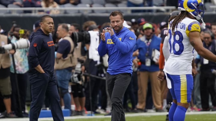 Sep 29, 2024; Chicago, Illinois, USA; Los Angeles Rams head coach Sean McVay on the field before the game against the Chicago Bears at Soldier Field. Mandatory Credit: David Banks-Imagn Images