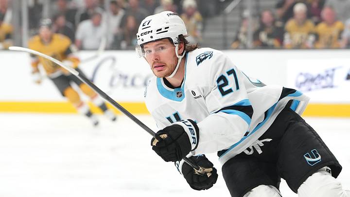 Mar 19, 2026; Las Vegas, Nevada, USA; Utah Mammoth center Barrett Hayton (27) skates against the Vegas Golden Knights during the first period at T-Mobile Arena. Mandatory Credit: Stephen R. Sylvanie-Imagn Images