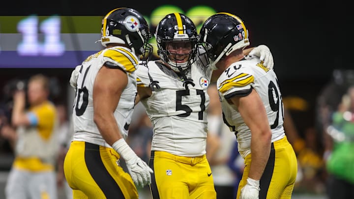 Sep 8, 2024; Atlanta, Georgia, USA; Pittsburgh Steelers linebacker Alex Highsmith (56) and linebacker Nick Herbig (51) and linebacker T.J. Watt (90) celebrate after a victory against the Atlanta Falcons at Mercedes-Benz Stadium.