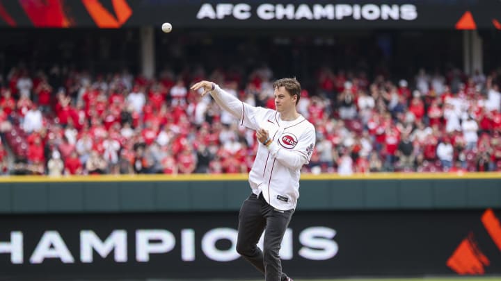 Apr 12, 2022; Cincinnati, Ohio, USA; Cincinnati Bengals quarterback Joe Burrow throws out the first pitch prior to the game between the Cleveland Guardians and the Cincinnati Reds at Great American Ball Park. Mandatory Credit: Katie Stratman-USA TODAY Sports