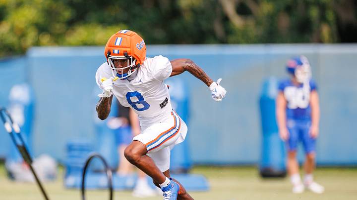 Florida Gators wide receiver Vernell Brown III (8) runs during fall football practice at Heavener Football Complex at the University of Florida in Gainesville, FL on Tuesday, August 12, 2025. [Matt Pendleton/Gainesville Sun]