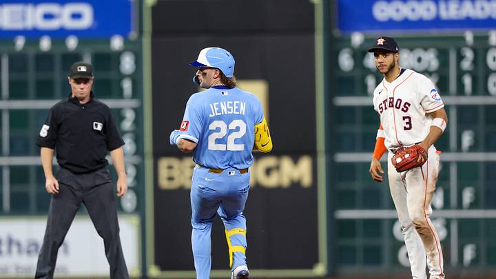 Sep 16, 2026; Houston, Texas, USA; Kansas City Royals catcher Carter Jensen (22) hits a standing two run RBI double against the Houston Astros in the eighth inning at Daikin Park. Mandatory Credit: Thomas Shea-Imagn Images Sep 16, 2026; Houston, Texas, USA; Kansas City Royals catcher Carter Jensen (22) hits a standing two run RBI double against the Houston Astros in the eighth inning at Daikin Park. Mandatory Credit: Thomas Shea-Imagn Images