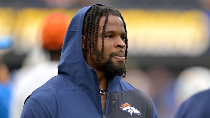 Denver Broncos linebacker Dre Greenlaw (57) on the sidelines prior to the game against the Los Angeles Chargers at SoFi Stadium.