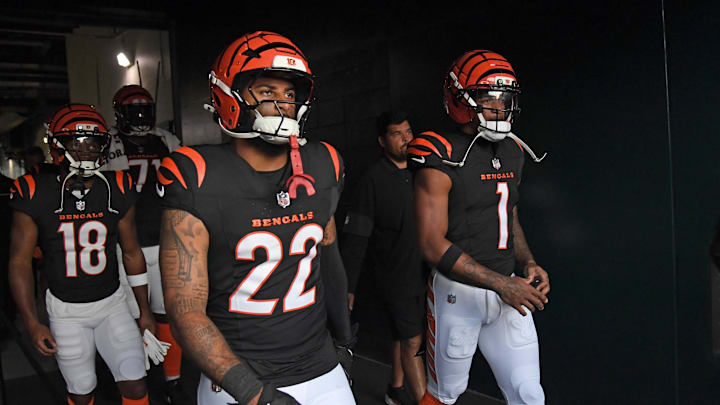 Aug 7, 2025; Philadelphia, Pennsylvania, USA;Cincinnati Bengals safety Geno Stone (22) and wide receiver Ja'Marr Chase (1) in the tunnel against the Philadelphia Eagles at Lincoln Financial Field. 