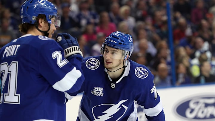 Apr 6, 2018; Tampa, FL, USA; Tampa Bay Lightning center Anthony Cirelli (71) and T center Brayden Point (21) talk uring the second period at Amalie Arena. Mandatory Credit: Kim Klement-Imagn Images