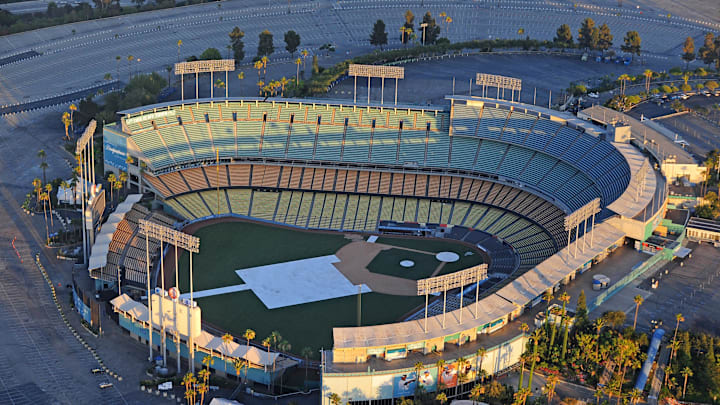 Jul. 10, 2009; Los Angeles, CA, USA; Aerial view of Dodger Stadium near downtown Los Angeles. Mandatory Credit: Mark J. Rebilas-Imagn Images