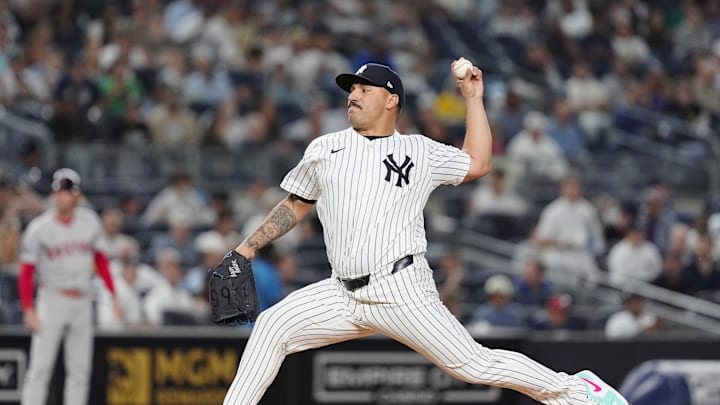 Sep 12, 2024; Bronx, New York, USA; New York Yankees pitcher Nestor Cortes (65) delivers a pitch against the Boston Red Sox during the second inning at Yankee Stadium. Mandatory Credit: Gregory Fisher-Imagn Images