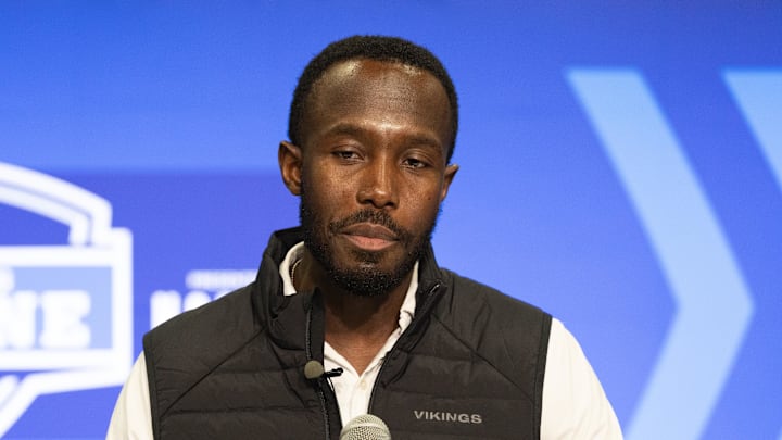 Minnesota Vikings general manager Kwesi Adofo-Mensah talks to the media at the NFL Combine at Indiana Convention Center in Indianapolis on Feb. 27, 2024.