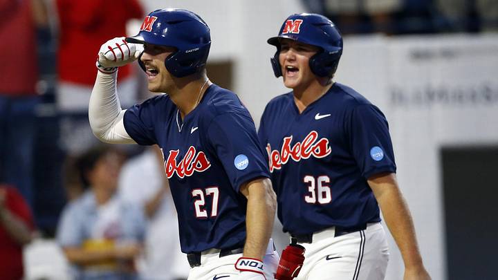 May 30, 2025; Oxford, Mississippi, USA; Mississippi Rebels infielder Judd Utermark (27) and infielder Will Furniss (36) react after a home run during the third inning against the Murray State Racers.  Mandatory Credit: Petre Thomas-Imagn Images