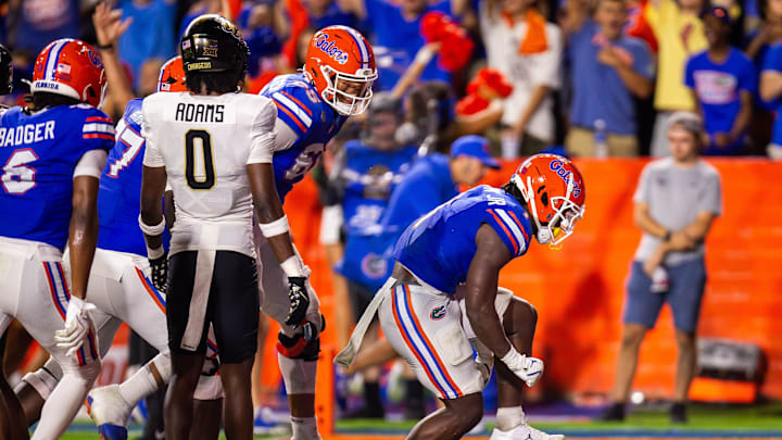 Florida Gators running back Montrell Johnson Jr. (1) celebrates his touchdown during the first half at Ben Hill Griffin Stadium in Gainesville, FL on Saturday, October 5, 2024. [Doug Engle/Gainesville Sun]