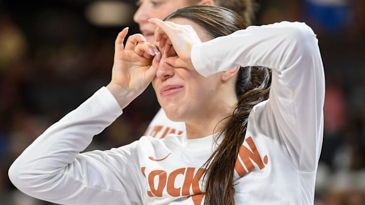 Texas Longhorns guard Sarah Graves (6) reacts after a Texas Longhorns basket Sunday, March 8, 2026, during the SEC Women's Basketball Tournament Championship game against the South Carolina Gamecocks at Bon Secours Wellness Arena in Greenville, South Carolina. Texas Longhorns guard Sarah Graves (6) reacts after a Texas Longhorns basket Sunday, March 8, 2026, during the SEC Women's Basketball Tournament Championship game against the South Carolina Gamecocks at Bon Secours Wellness Arena in Greenville, South Carolina.