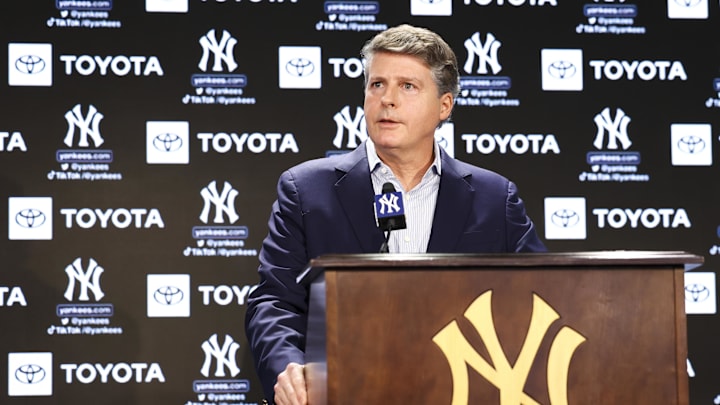 Dec 21, 2022; Bronx, New York, USA; Hal Steinbrenner during a press conference at Yankee Stadium. Mandatory Credit: Jessica Alcheh-Imagn Images