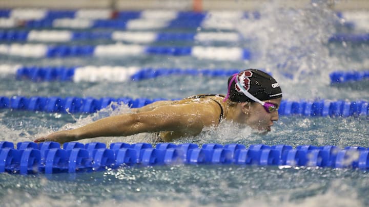 Mar 19, 2022; Atlanta, Georgia, USA; Stanford Cardinal swimmer Regan Smith competes in the 200 butterfly at the NCAA Swimming & Diving Championships at Georgia Tech. Mandatory Credit: Brett Davis-Imagn Images Mar 19, 2022; Atlanta, Georgia, USA; Stanford Cardinal swimmer Regan Smith competes in the 200 butterfly at the NCAA Swimming & Diving Championships at Georgia Tech. Mandatory Credit: Brett Davis-Imagn Images