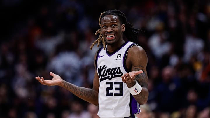 Mar 5, 2025; Denver, Colorado, USA; Sacramento Kings guard Keon Ellis (23) reacts after a play in the fourth quarter against the Denver Nuggets at Ball Arena. Mandatory Credit: Isaiah J. Downing-Imagn Images