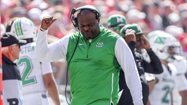 Sep 21, 2024; Columbus, Ohio, USA; Marshall Thundering Herd head coach Charles Huff during the first quarter against the Ohio State Buckeyes at Ohio Stadium. Mandatory Credit: Joseph Maiorana-Imagn Images