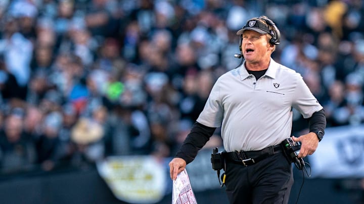 December 8, 2019; Oakland, CA, USA; Oakland Raiders head coach Jon Gruden during the second quarter against the Tennessee Titans at Oakland Coliseum. Mandatory Credit: Kyle Terada-Imagn Images
