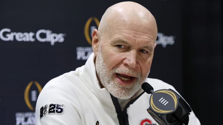 Jan 18, 2025; Atlanta, GA, USA; Ohio State Buckeyes defensive coordinator Jim Knowles talks to the media during 2025 CFP National Championship Media Day at Georgia World Congress Center, Building A. Mandatory Credit: Brett Davis-Imagn Images
