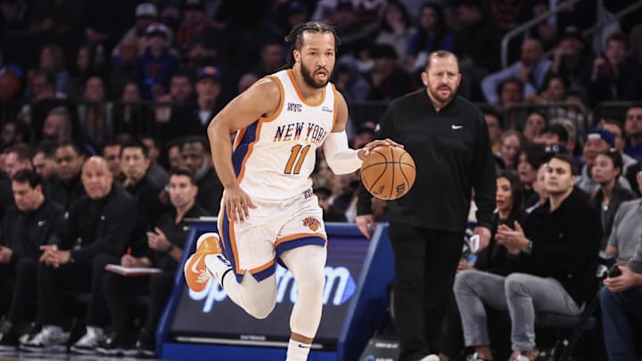 Dec 1, 2024; New York, New York, USA;  New York Knicks guard Jalen Brunson (11) brings the ball up court in the first quarter against the New Orleans Pelicans at Madison Square Garden. Mandatory Credit: Wendell Cruz-Imagn Images