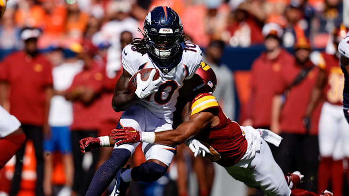 Sep 17, 2023; Denver, Colorado, USA; Denver Broncos wide receiver Jerry Jeudy (10) is tackled