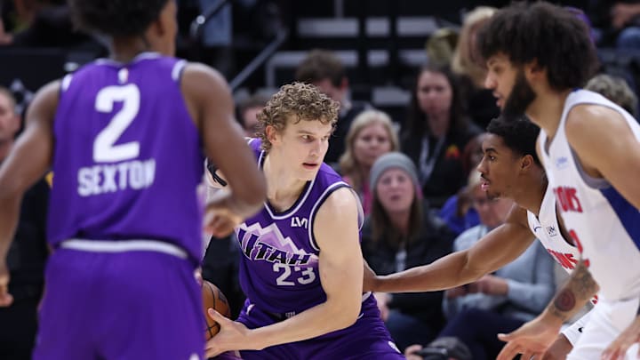Jan 3, 2024; Salt Lake City, Utah, USA; Utah Jazz forward Lauri Markkanen (23) looks to move the ball against the Detroit Pistons during the third quarter at Delta Center. Mandatory Credit: Rob Gray-Imagn Images Jan 3, 2024; Salt Lake City, Utah, USA; Utah Jazz forward Lauri Markkanen (23) looks to move the ball against the Detroit Pistons during the third quarter at Delta Center. Mandatory Credit: Rob Gray-Imagn Images