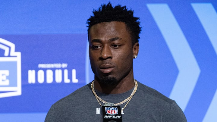 Mar 2, 2023; Indianapolis, IN, USA;  Florida State defensive back Jammie Robinson (DB57) speaks to the press at the NFL Combine at Lucas Oil Stadium. Mandatory Credit: Trevor Ruszkowski-Imagn Images