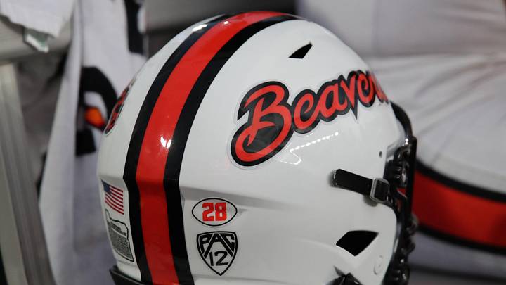 Sep 13, 2025; Lubbock, Texas, USA; A general view of the PAC 12 logo on the back of the Oregon State Beavers helmet on the bench during the game against the Texas Tech Red Raiders at Jones AT&T Stadium. Mandatory Credit: Michael C. Johnson-Imagn Images Sep 13, 2025; Lubbock, Texas, USA; A general view of the PAC 12 logo on the back of the Oregon State Beavers helmet on the bench during the game against the Texas Tech Red Raiders at Jones AT&T Stadium. Mandatory Credit: Michael C. Johnson-Imagn Images