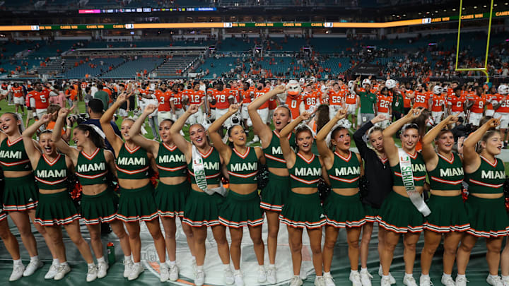 Nov 15, 2025; Miami Gardens, Florida, USA; University of Miami cheerleaders sing after the game against NC State Wolfpack at Hard Rock Stadium. Mandatory Credit: Sam Navarro-Imagn Images
