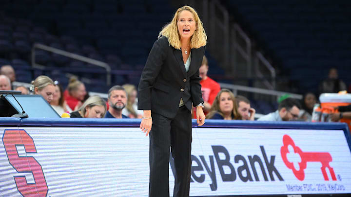 Nov 13, 2024; Syracuse, New York, USA; Maryland Terrapins head coach Brenda Frese looks on against the Syracuse Orange during the first half at the JMA Wireless Dome. Mandatory Credit: Rich Barnes-Imagn Images Nov 13, 2024; Syracuse, New York, USA; Maryland Terrapins head coach Brenda Frese looks on against the Syracuse Orange during the first half at the JMA Wireless Dome. Mandatory Credit: Rich Barnes-Imagn Images