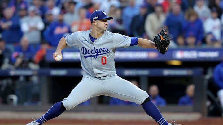 Los Angeles Dodgers starting pitcher Jack Flaherty (0) pitches against the New York Mets during the second inning of game five of the NLCS during the 2024 MLB playoffs at Citi Field.