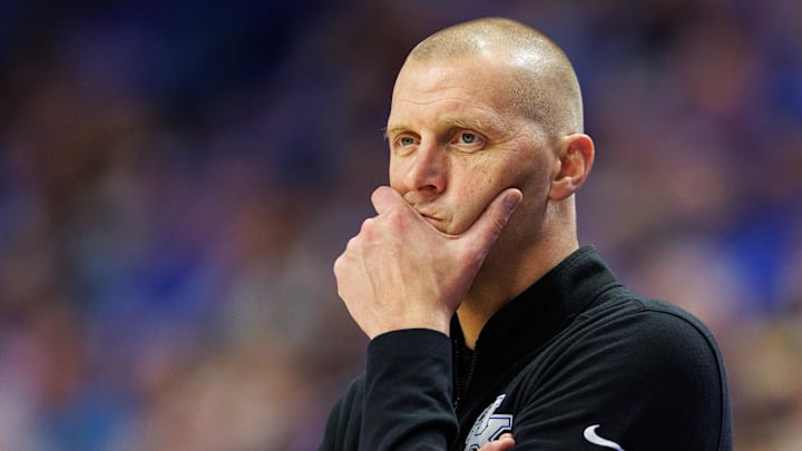 Oct 23, 2024; Lexington, KY, USA; Kentucky Wildcats head coach Mark Pope looks on during the first half against the Kentucky Wesleyan Panthers at Rupp Arena at Central Bank Center. Mandatory Credit: Jordan Prather-Imagn Images
