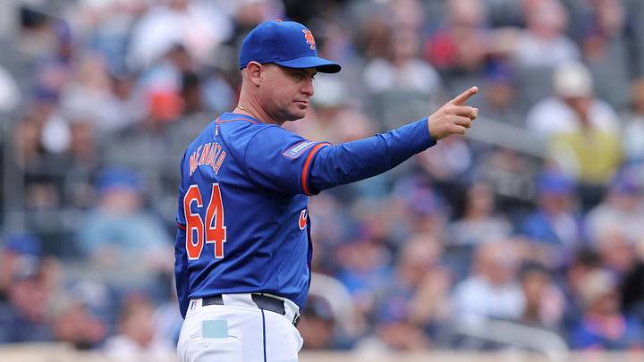 May 14, 2024; New York City, New York, USA; New York Mets manager Carlos Mendoza (64) makes a pitching change during the seventh inning against the Philadelphia Phillies at Citi Field. Mandatory Credit: Brad Penner-Imagn Images