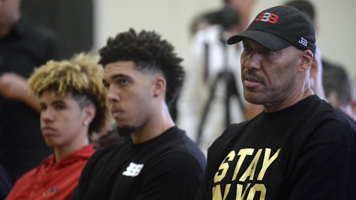 June 23, 2017; Los Angeles, CA, USA; LaVar Ball the father of newly drafted Los Angeles Lakers player Lonzo Ball with sons LaMelo Ball and LiAngelo Ball in attendance at Toyota Sports Center. Mandatory Credit: Gary A. Vasquez-Imagn Images June 23, 2017; Los Angeles, CA, USA; LaVar Ball the father of newly drafted Los Angeles Lakers player Lonzo Ball with sons LaMelo Ball and LiAngelo Ball in attendance at Toyota Sports Center. Mandatory Credit: Gary A. Vasquez-Imagn Images
