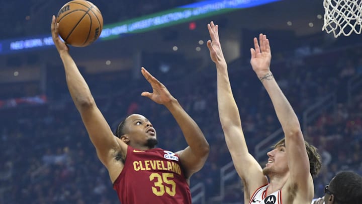 Apr 8, 2025; Cleveland, Ohio, USA; Cleveland Cavaliers forward Isaac Okoro (35) shoots beside Chicago Bulls forward Matas Buzelis (14) in the first quarter at Rocket Arena. Mandatory Credit: David Richard-Imagn Images Apr 8, 2025; Cleveland, Ohio, USA; Cleveland Cavaliers forward Isaac Okoro (35) shoots beside Chicago Bulls forward Matas Buzelis (14) in the first quarter at Rocket Arena. Mandatory Credit: David Richard-Imagn Images