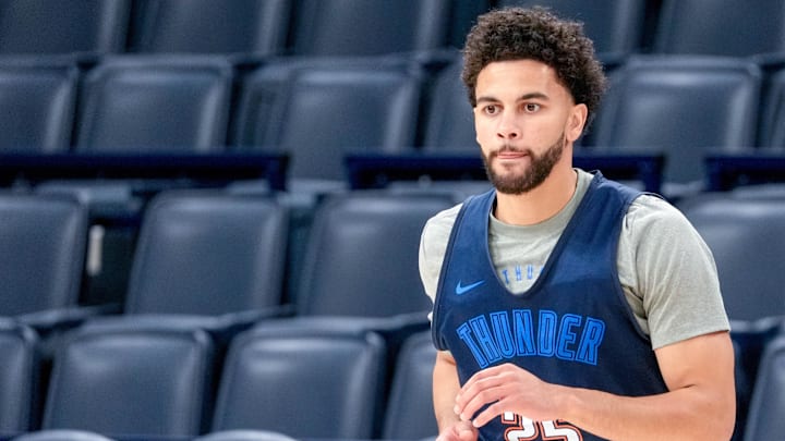 Oklahoma City guard Ajay Mitchell (25) runs drills during an NBA Finals practice session ahead of Game 2 at Paycom Center Oklahoma City, on Saturday, June 7, 2025. Oklahoma City guard Ajay Mitchell (25) runs drills during an NBA Finals practice session ahead of Game 2 at Paycom Center Oklahoma City, on Saturday, June 7, 2025.